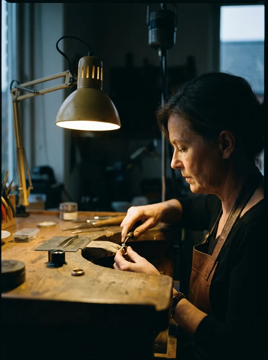 A master goldsmith setting a stone at a worn wooden bench under a tungsten lamp