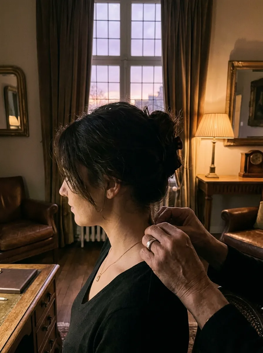 A jeweller fastening a fine gold necklace for a client in a dusk-lit fitting salon