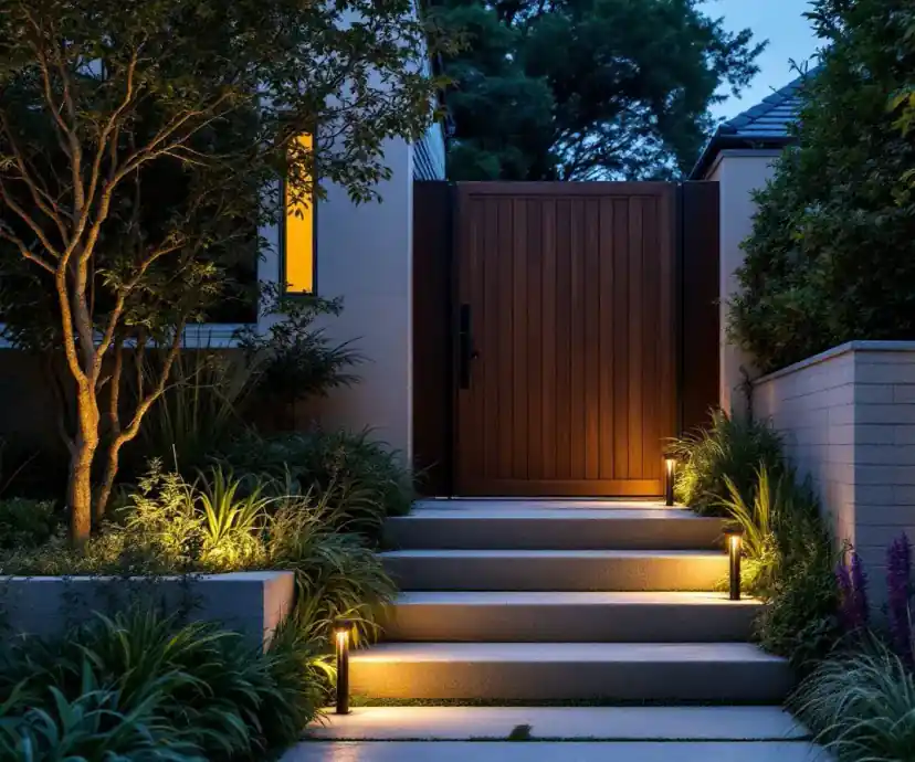 Sandstone entry steps rising through layered planting to a timber gate at dusk, path lights on