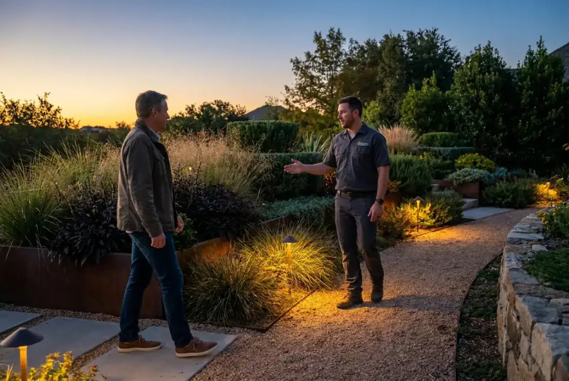 A Fernline designer walking garden beds with a homeowner at golden hour, gesturing at the planting