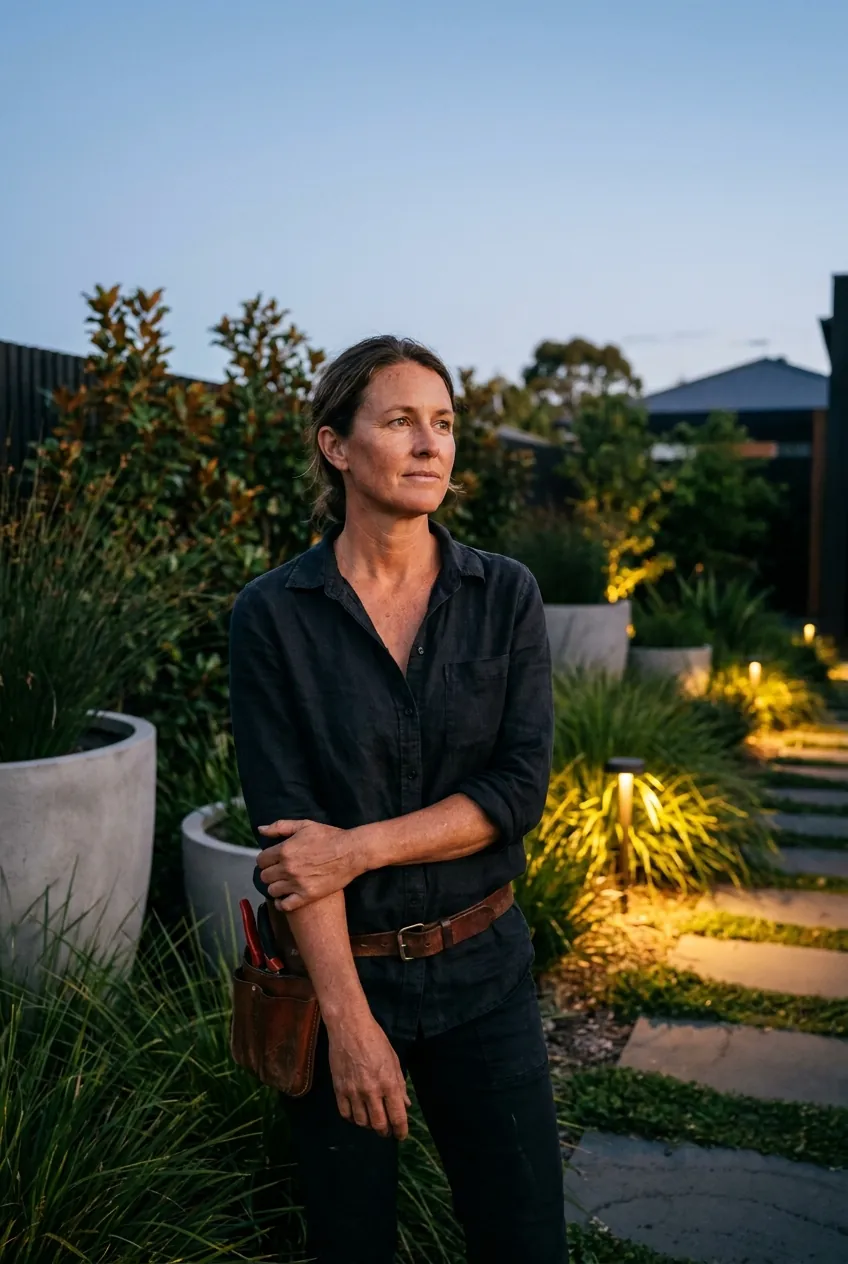 Fernline's founder and lead designer standing among planting beds at dusk, secateurs in a belt pouch