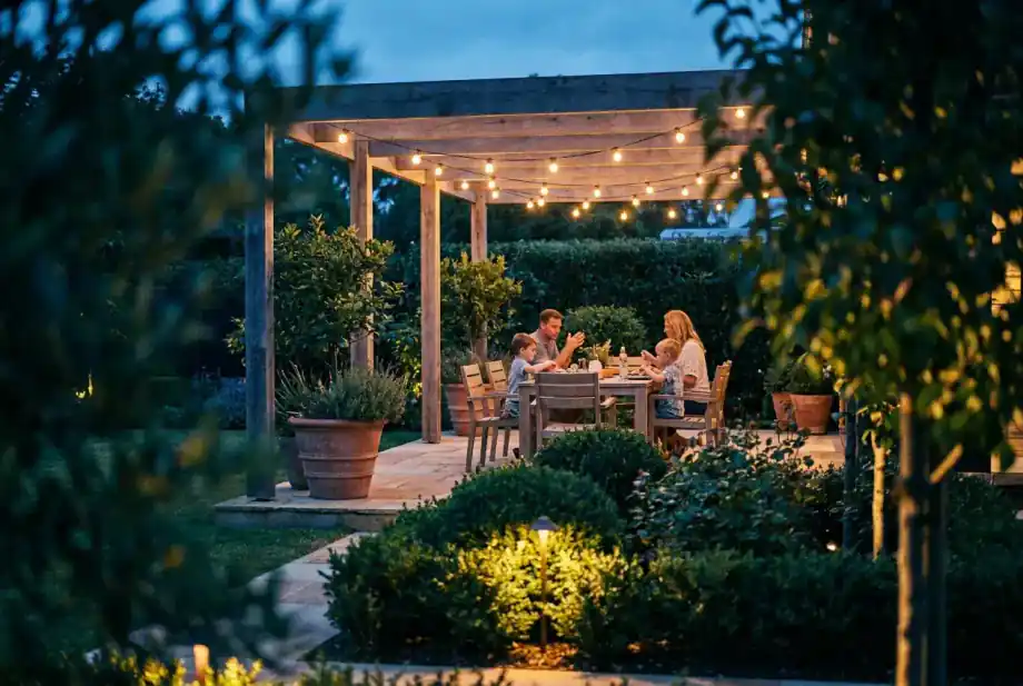 A family at dinner under a timber pergola strung with warm lights, seen through garden planting at dusk