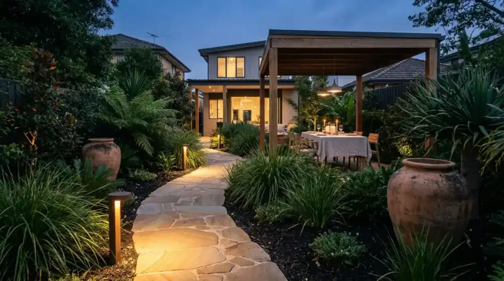 The finished garden at dusk: lit sandstone path, terracotta pots and a set dinner table under the pergola
