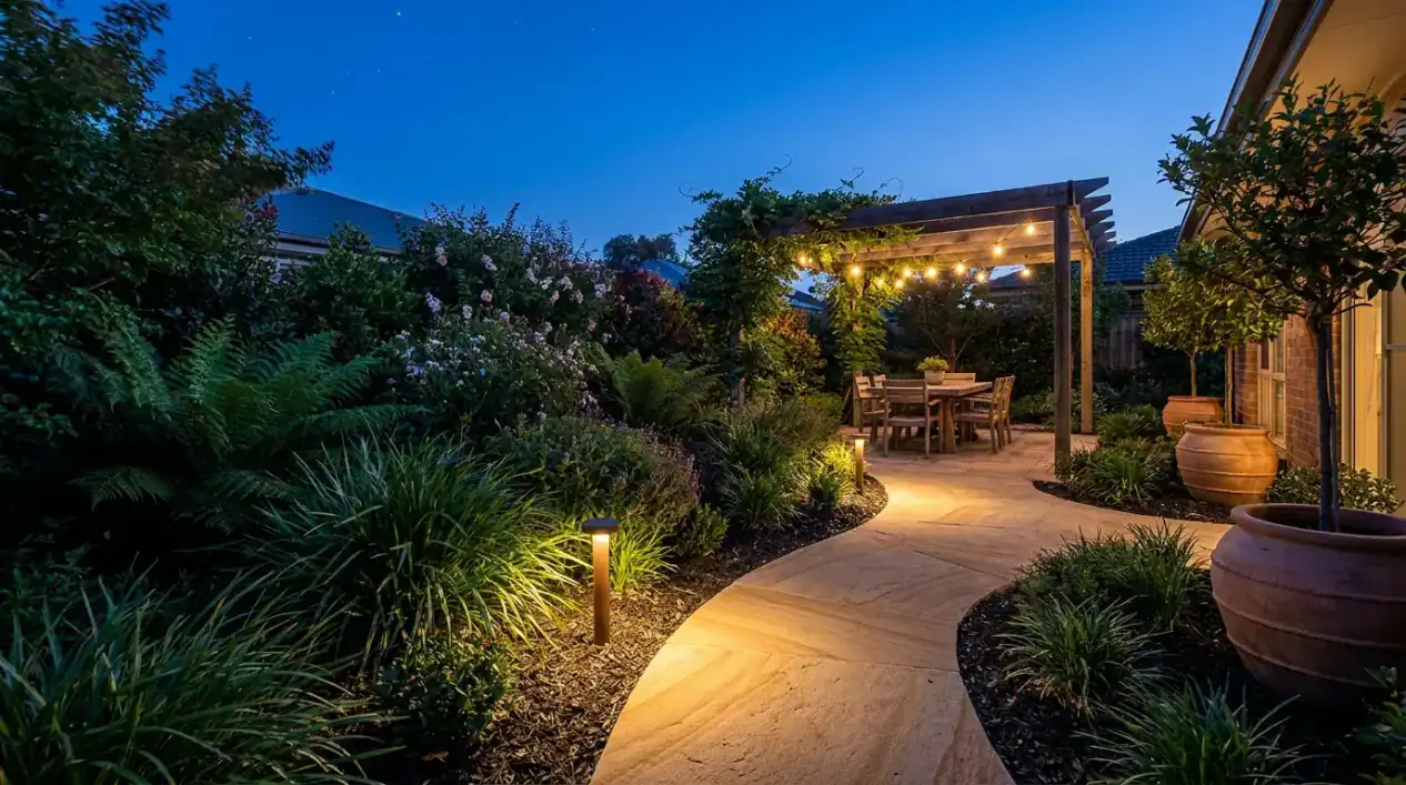 A sandstone path curving through deep planting toward a pergola dining room at blue hour, every path light on