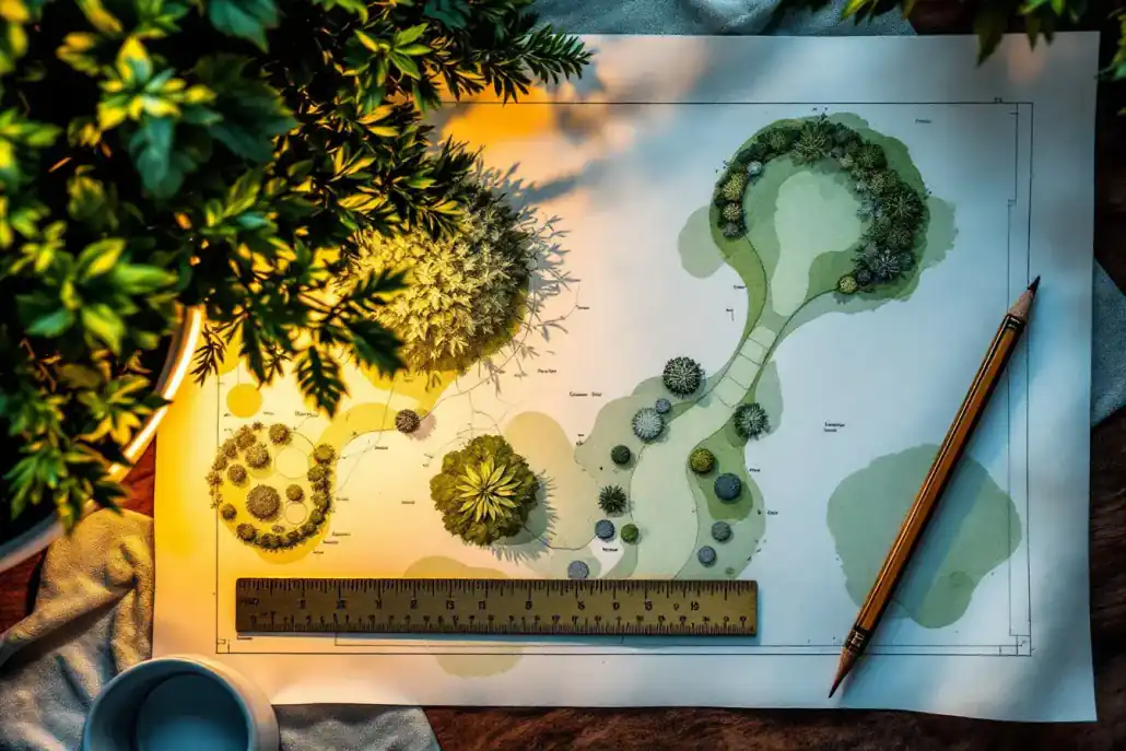 A hand-rendered landscape master plan with watercolour canopy circles and a brass scale ruler