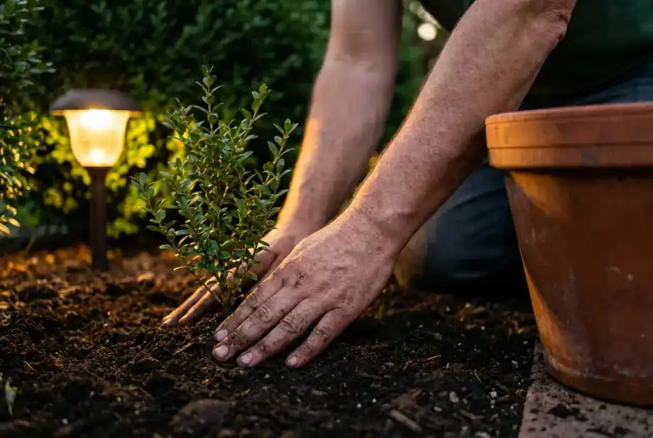 A gardener's hands settling a young shrub into dark soil beside a terracotta pot at golden hour