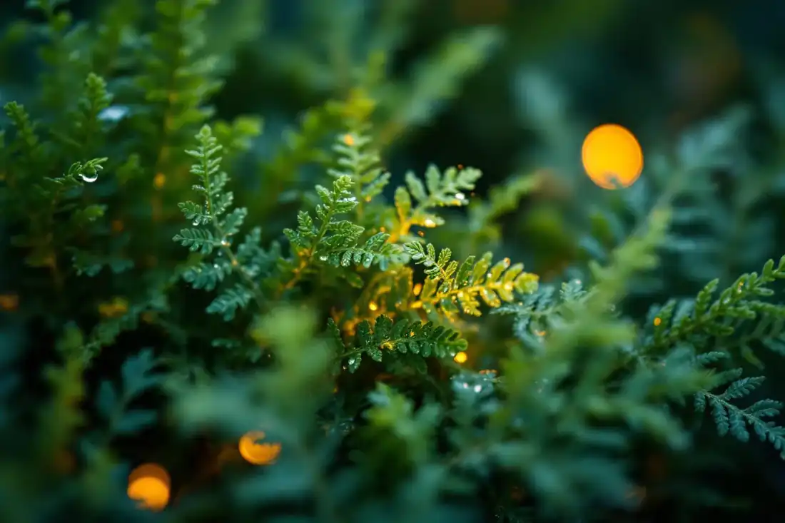 Layered fern foliage at dusk with warm path-light glow behind