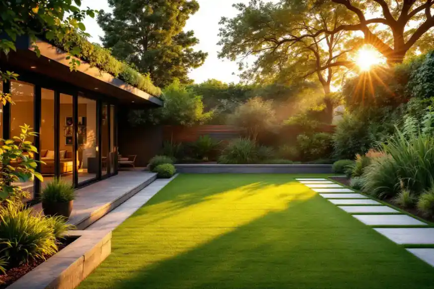 A level lawn at golden hour bordered by deep planting beds and sandstone edging