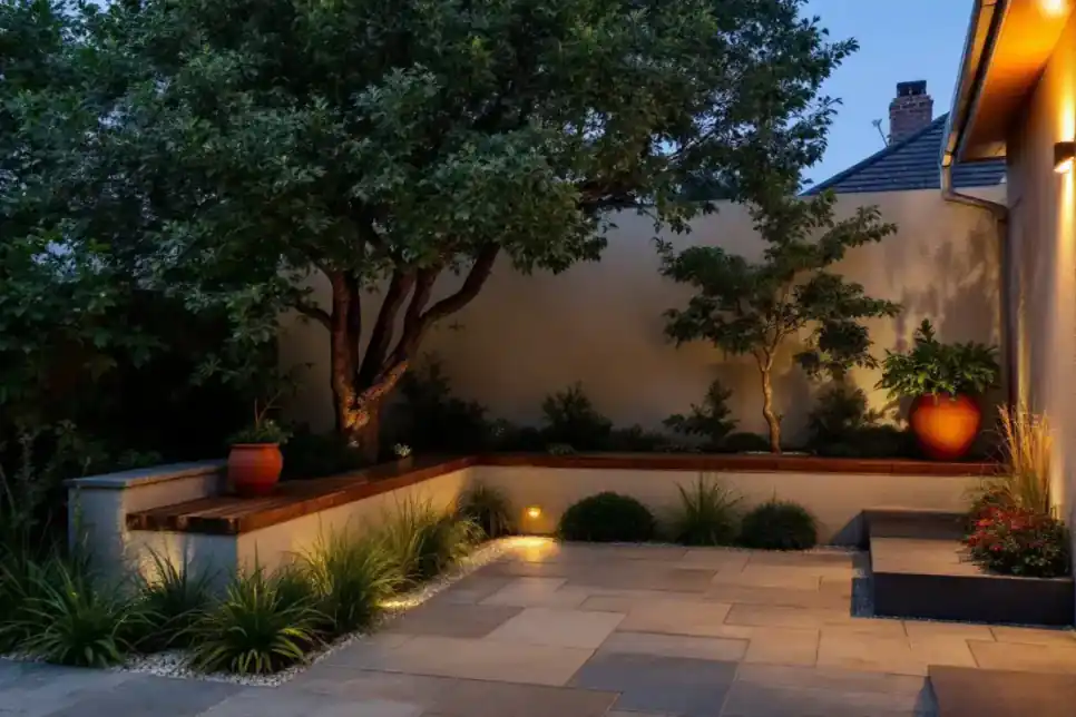 A walled courtyard garden at blue hour with espaliered tree, built-in bench and terracotta pots