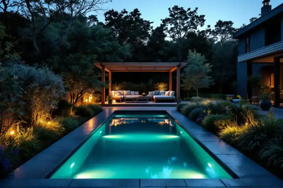 A plunge pool at blue hour beside an outdoor lounge under a timber pergola