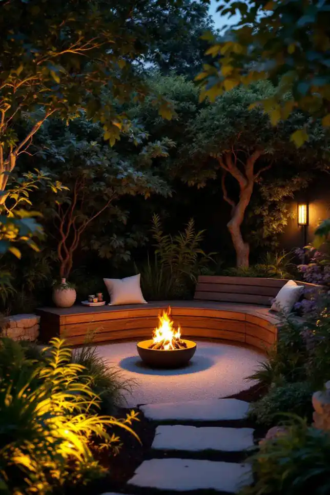 A sunken timber bench corner around a lit fire bowl, surrounded by layered planting at dusk