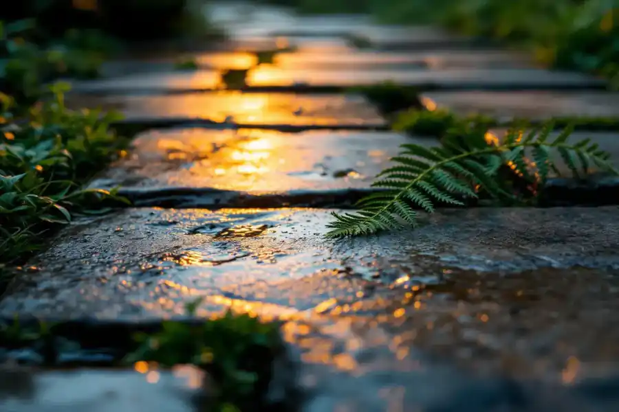 Wet sandstone paving reflecting a warm path light, a fern frond resting on the stone