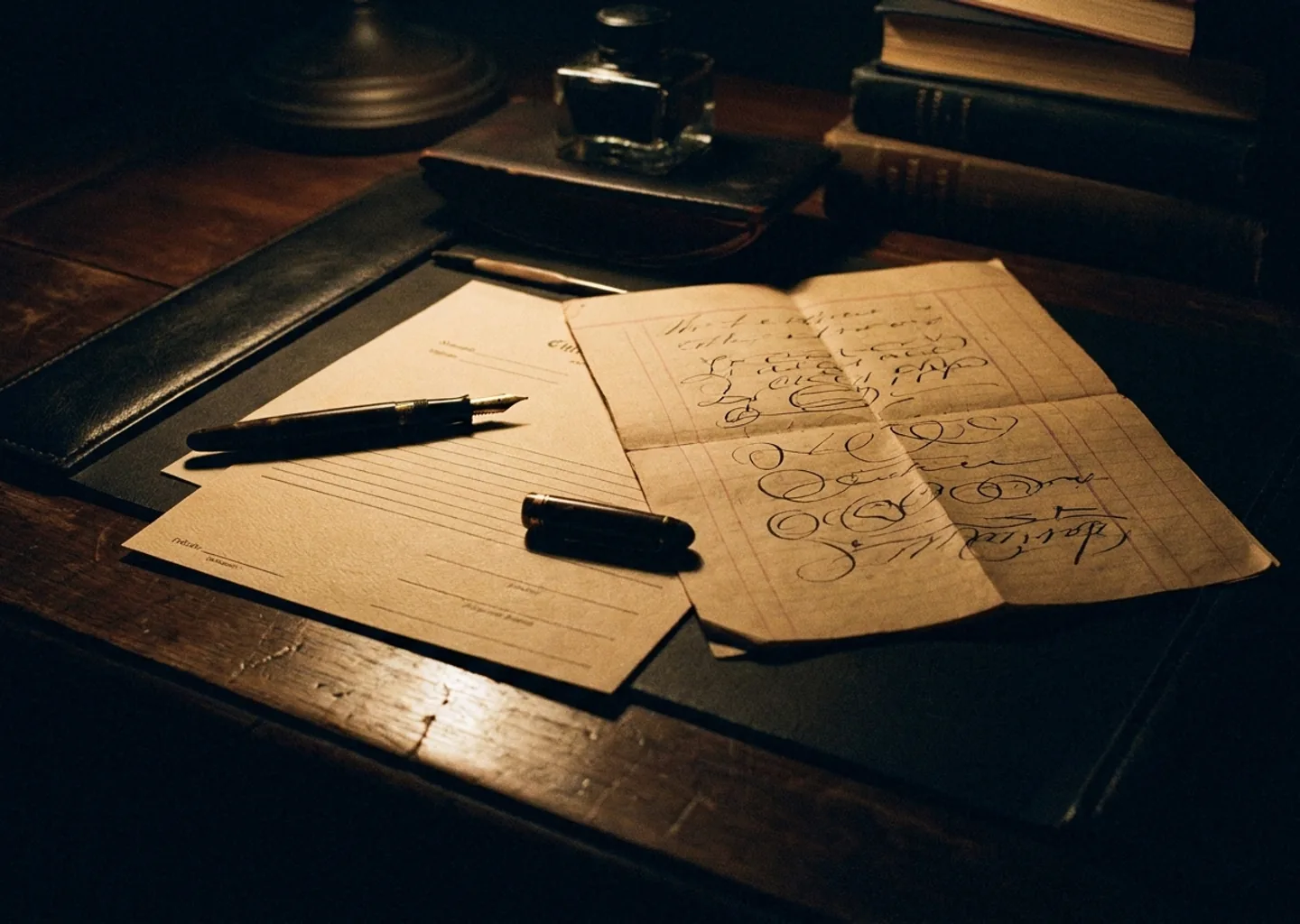 Letterpress firm stationery signed in fountain-pen ink beside a leather portfolio.