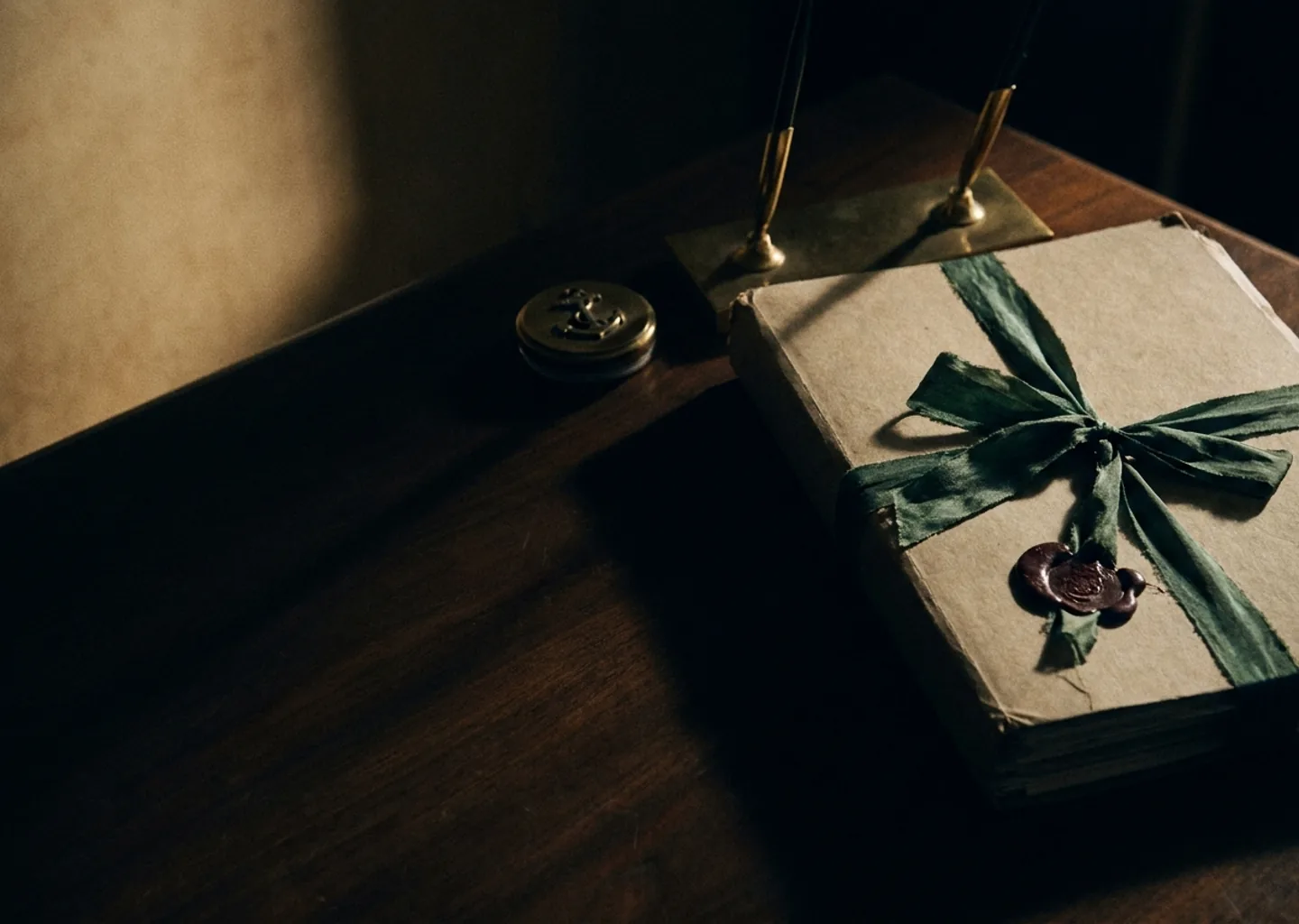 A wax-sealed dossier bound with a verdigris ribbon on a dark walnut desk.