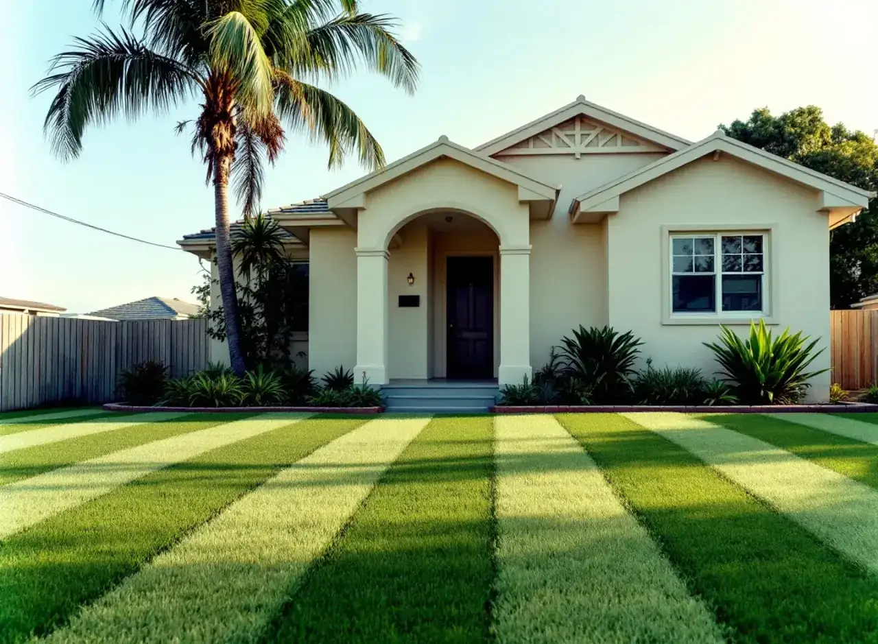After: the same street's Saturday finish, crisp mowing stripes to the porch