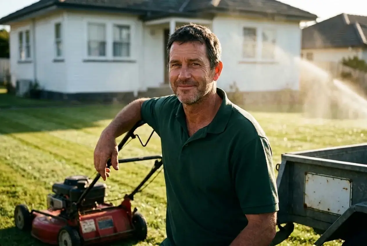 Dale Munro leaning on his mower in front of a customer's weatherboard house