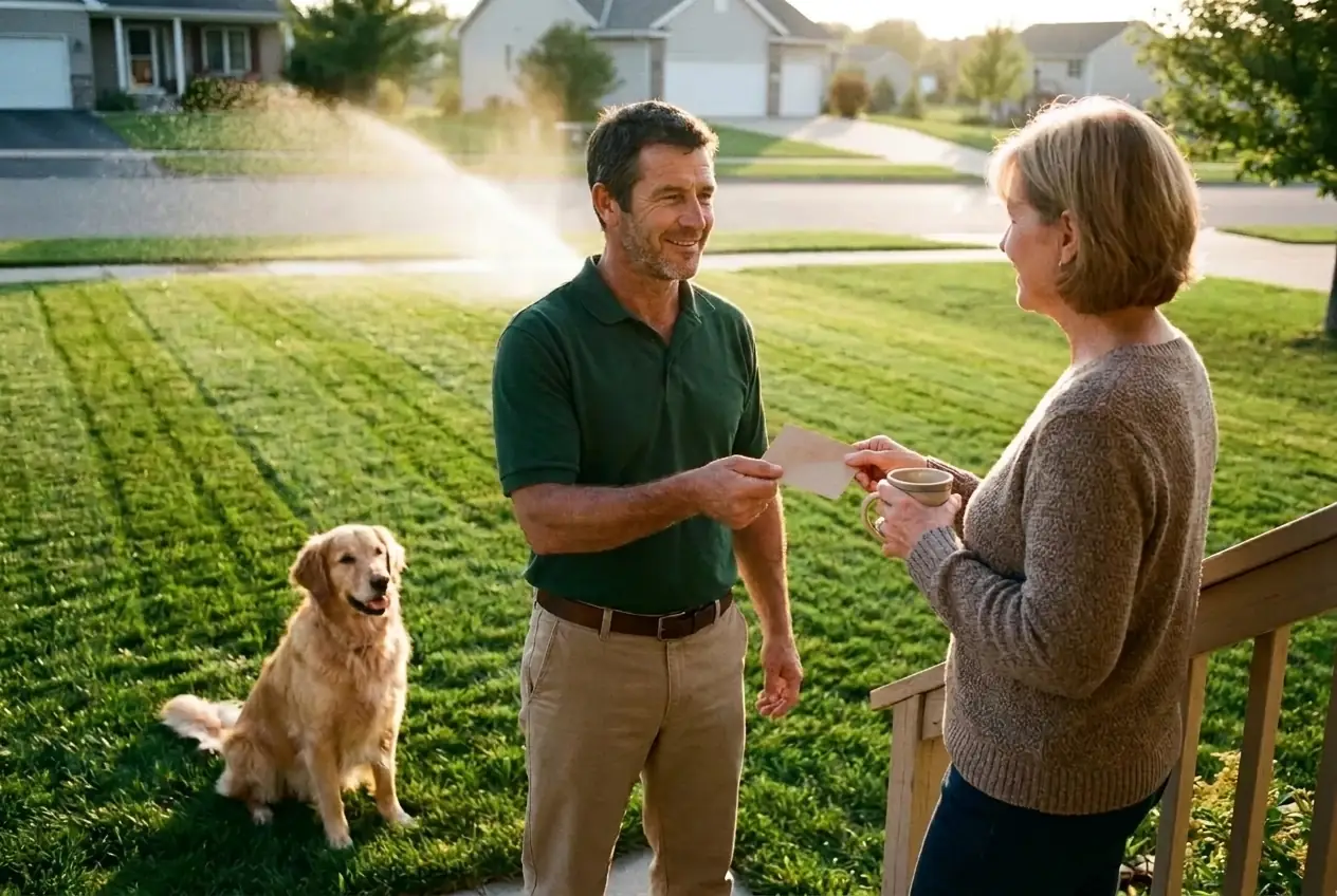 Crew member handing the completion card to a customer on her porch, golden retriever sitting on the striped lawn