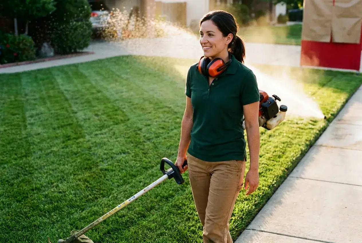 Lena Ford walking a freshly striped lawn with the string trimmer, ear muffs around her neck