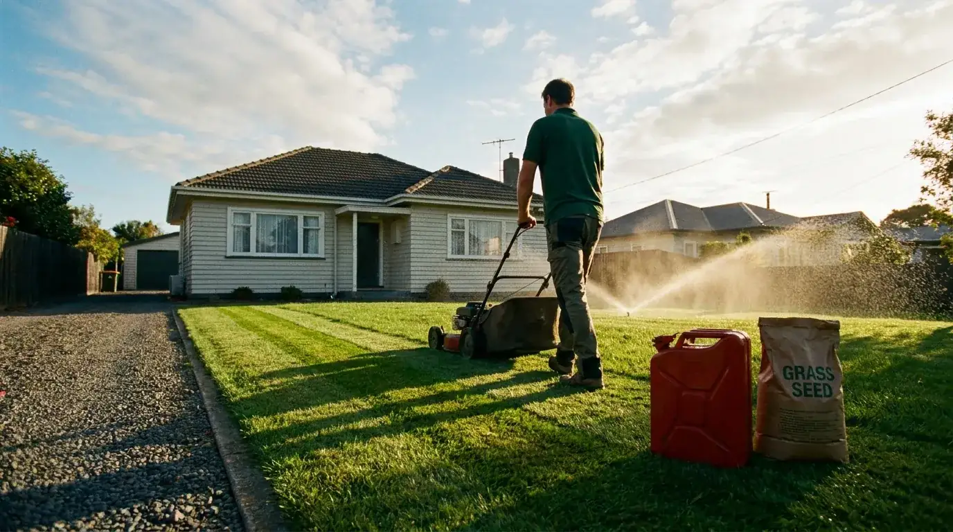 Crew member mowing the first stripe of the morning, sprinkler mist backlit behind the seed sack and fuel can