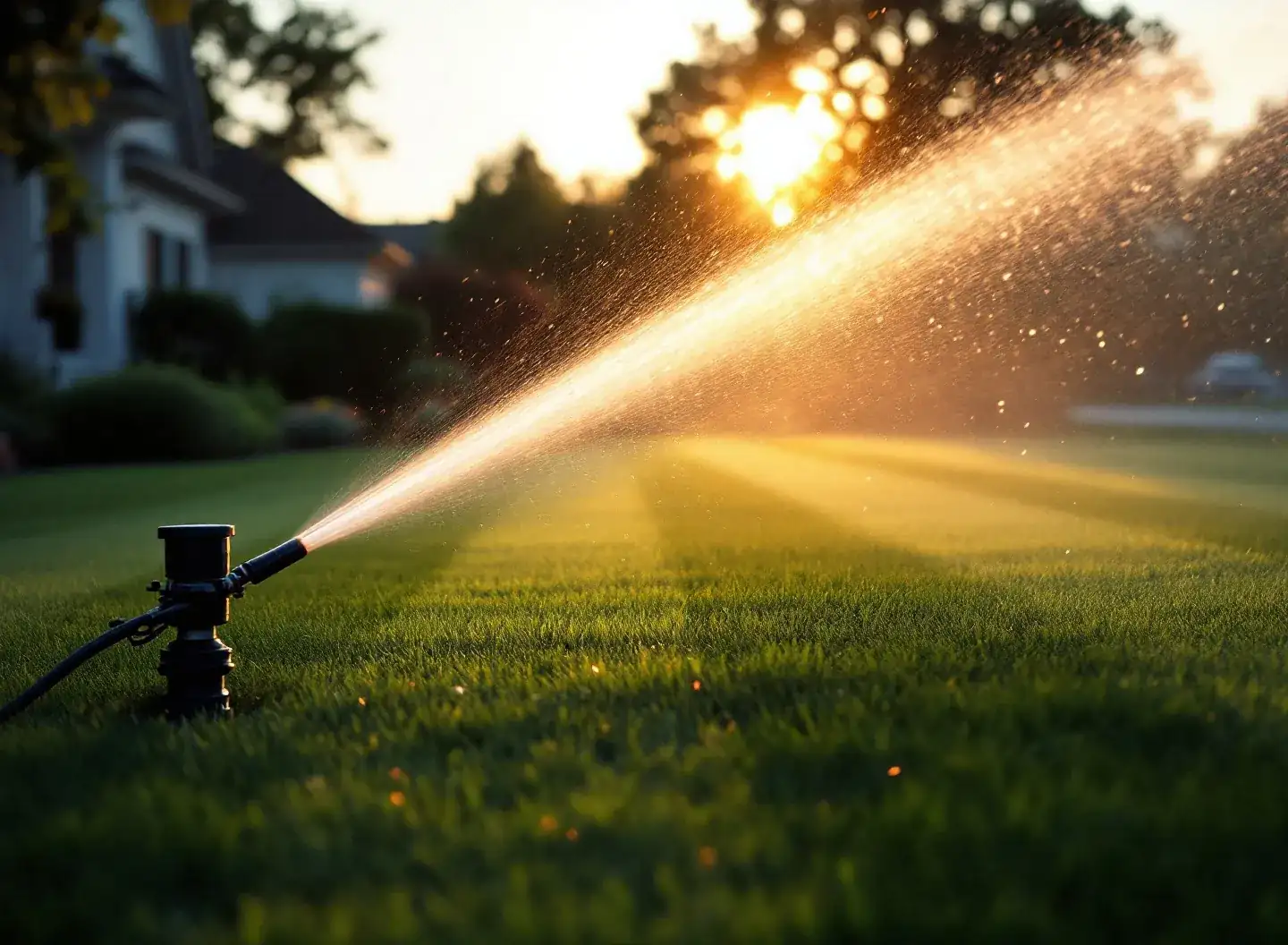 Impact sprinkler throwing golden backlit mist across striped turf at the end of the round
