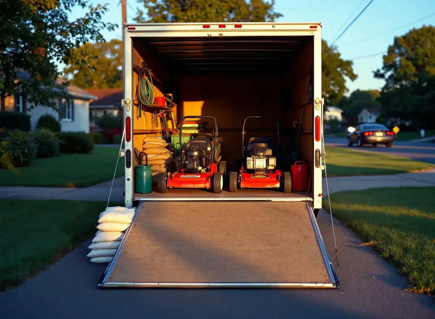 The box trailer with ramp down: two mowers, fuel, seed and the day's kit packed in order
