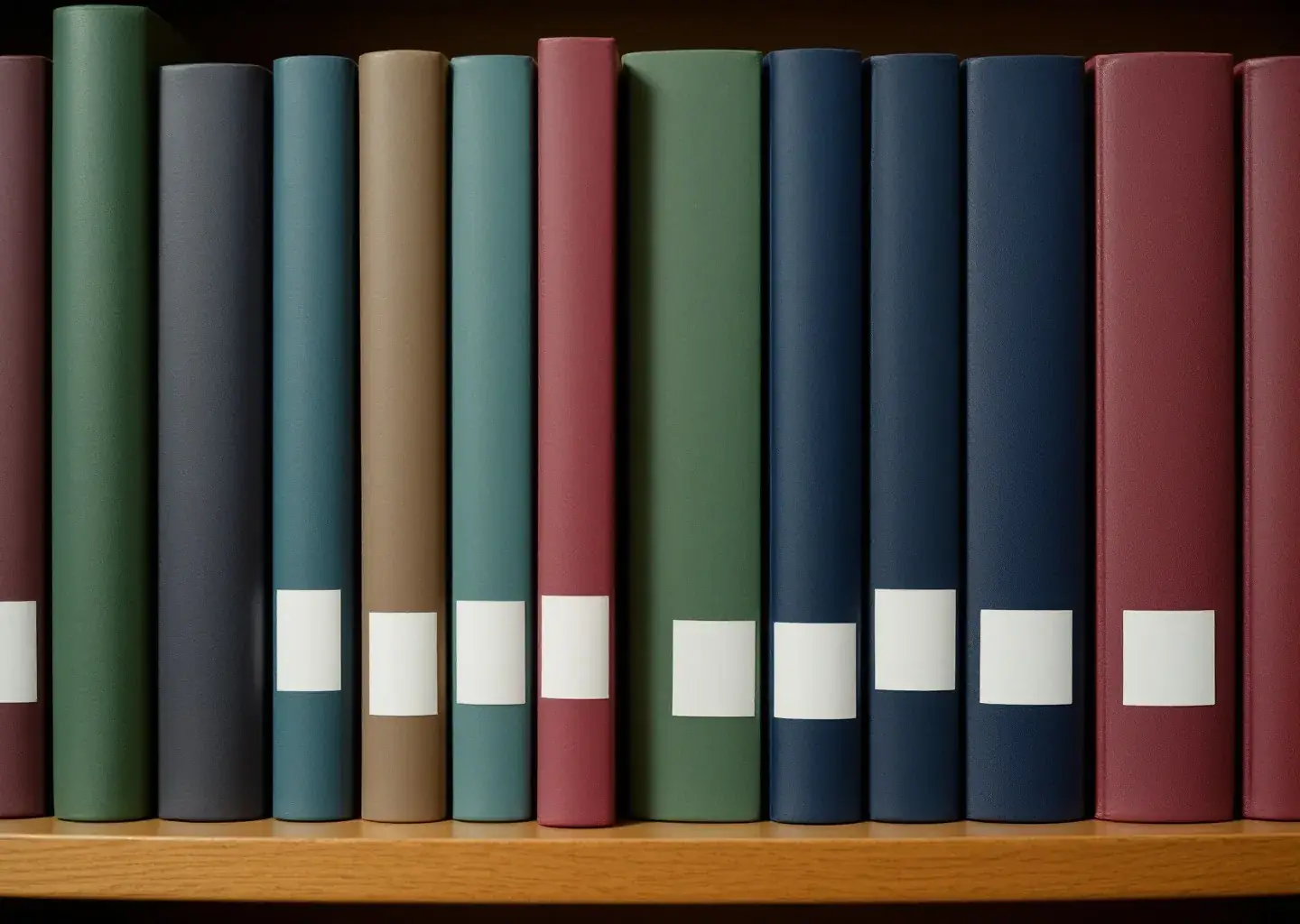 Buckram-bound spines shelved in a row, blank spine labels