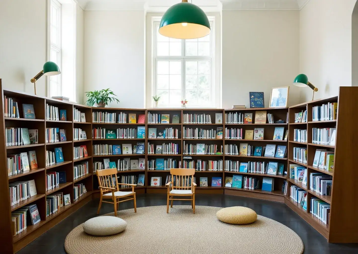 The children's corner: low curved shelves, cushions, a green pendant lamp