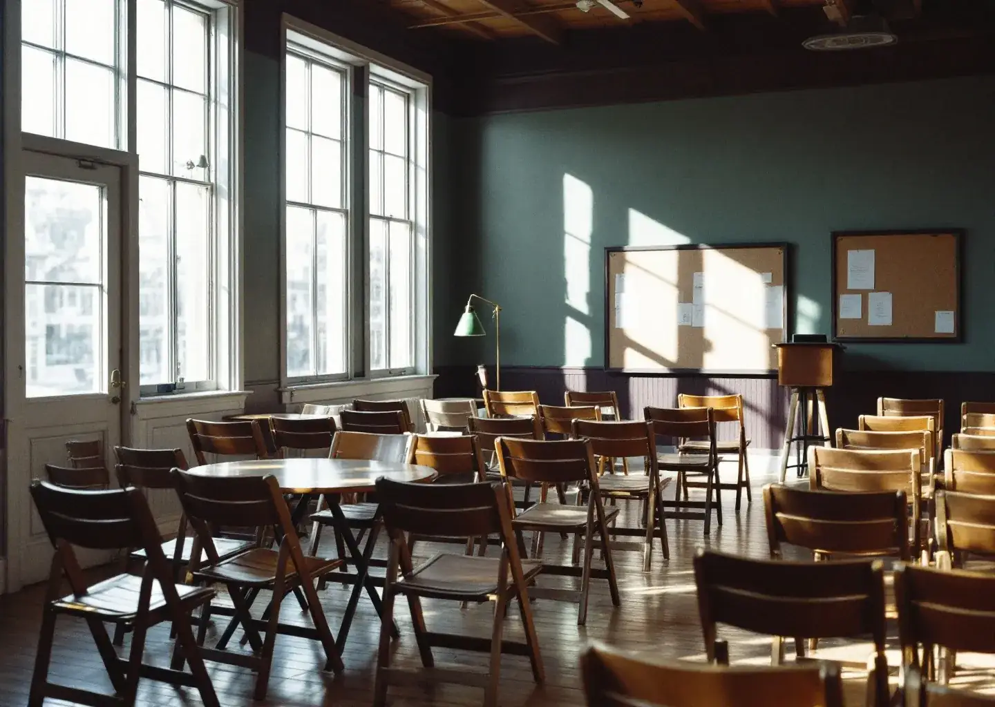 The community room: folding chairs, cork boards, afternoon light