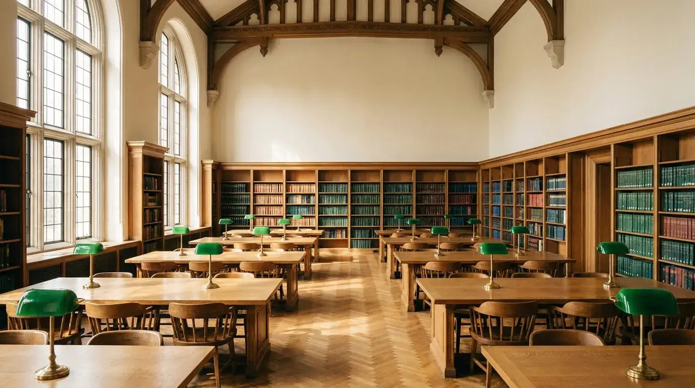 The reading room: long oak tables under green-shaded lamps, tall windows