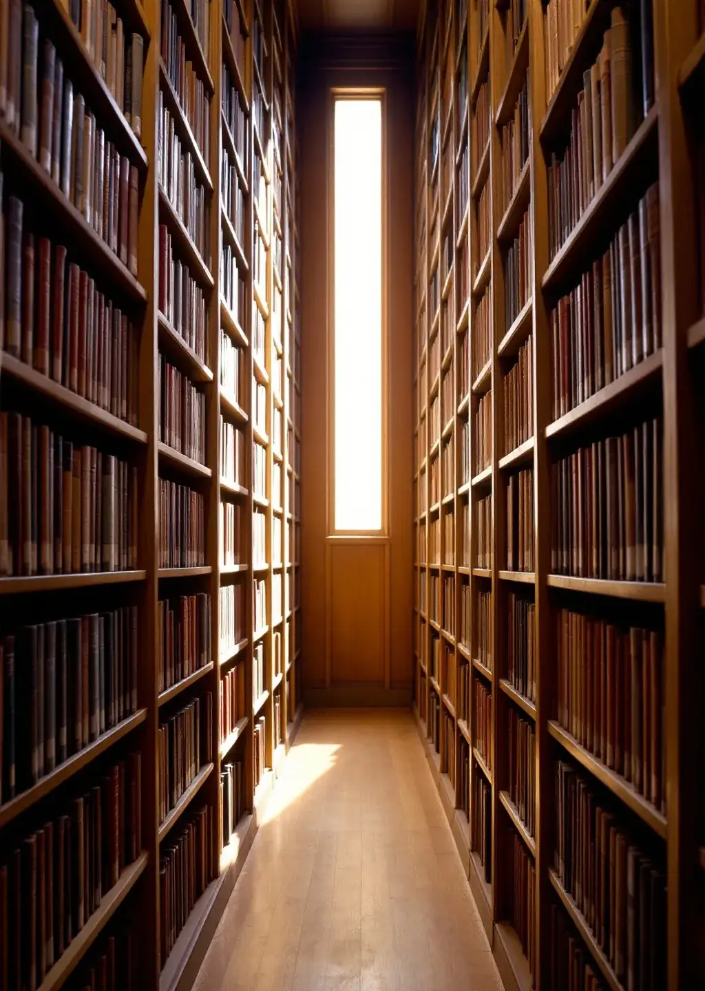 The stacks: a narrow aisle of full shelves lit by one tall window