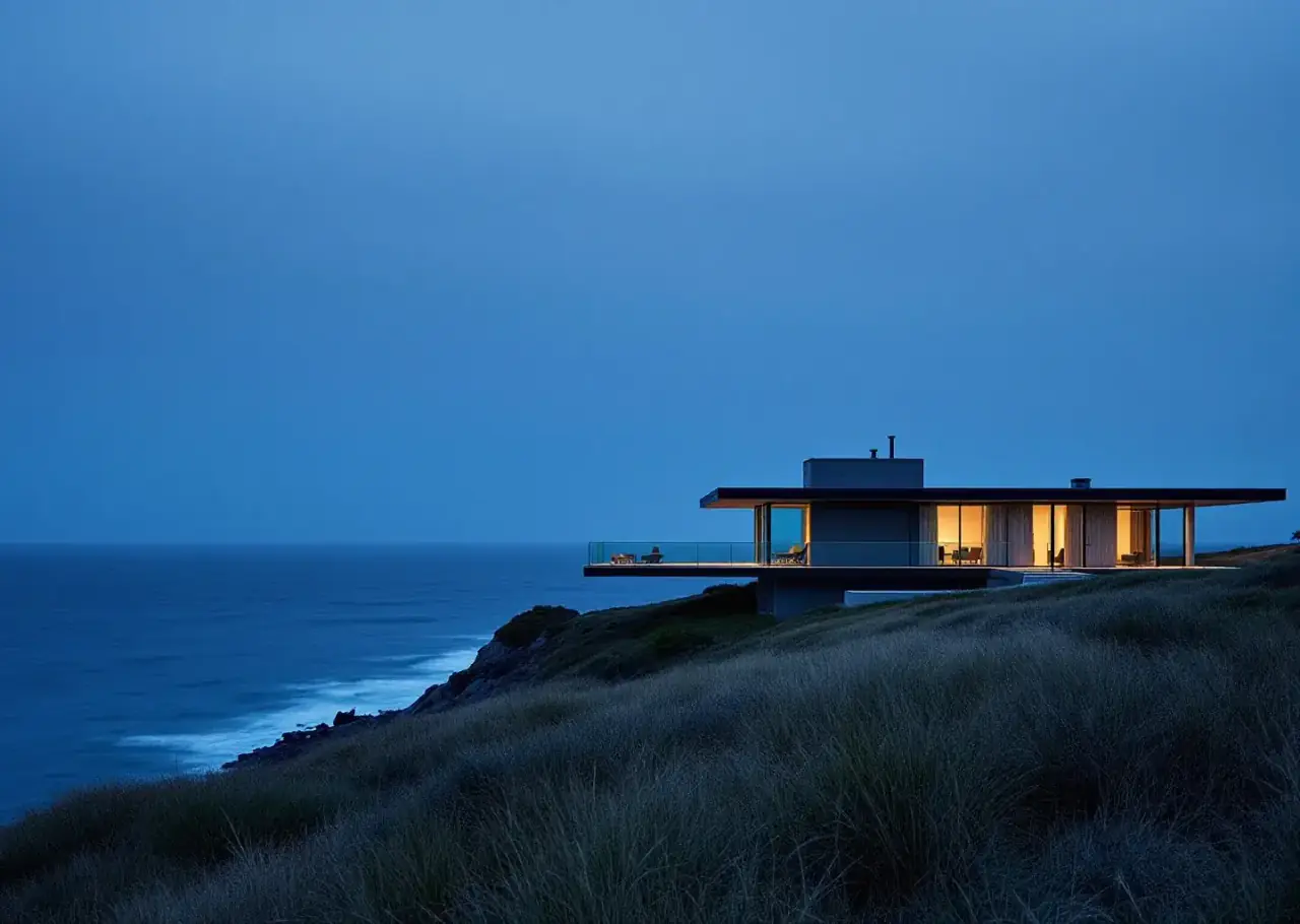 A low modern house at dusk on a grassy headland above dark water