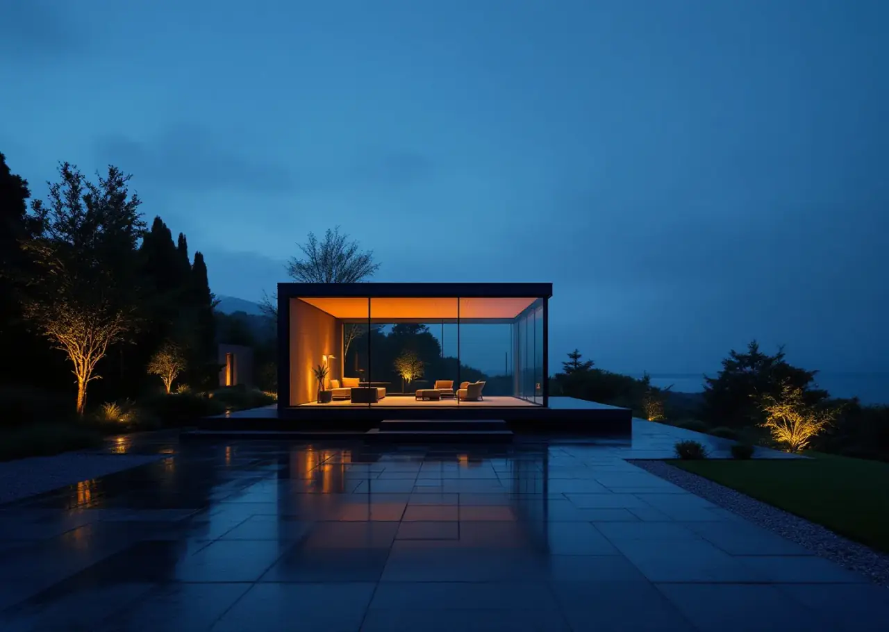 A glass pavilion house glowing warm at dusk beside a wet stone terrace