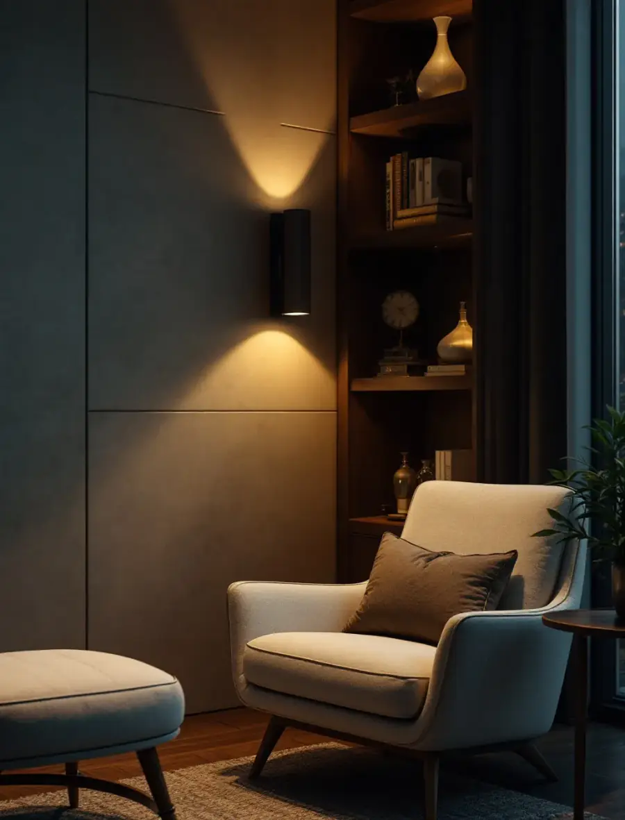 A quiet corner of the Ellsworth office — limestone wall, timber shelving and a linen armchair in evening light