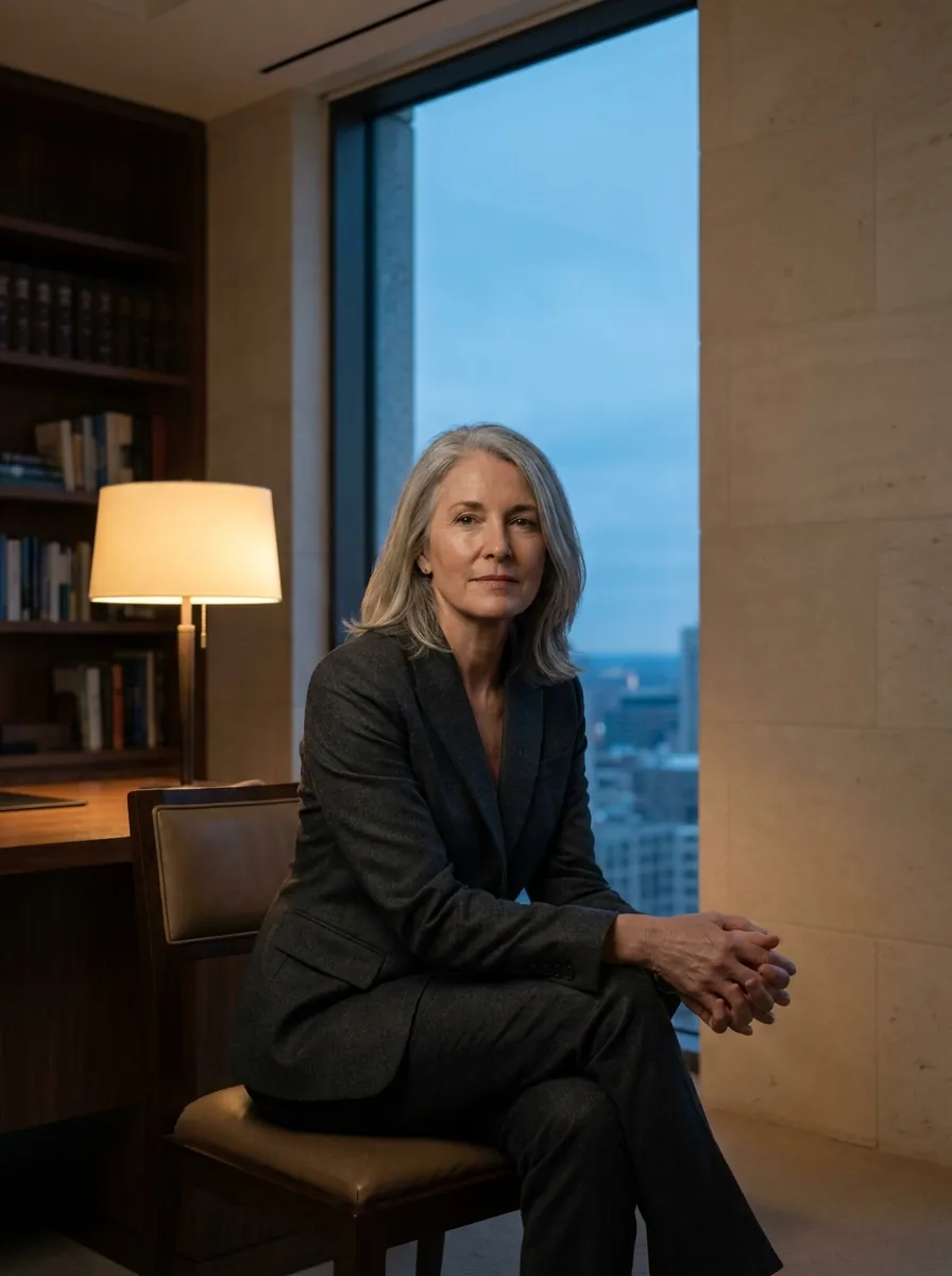 Principal and founder Eleanor Ellsworth, seated in the Ellsworth office at dusk