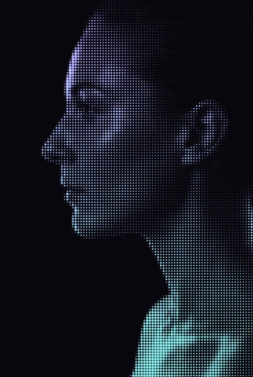 Halftone light-field portrait of a woman in profile, resolved from prismatic dots. A model, not a Lustra client.
