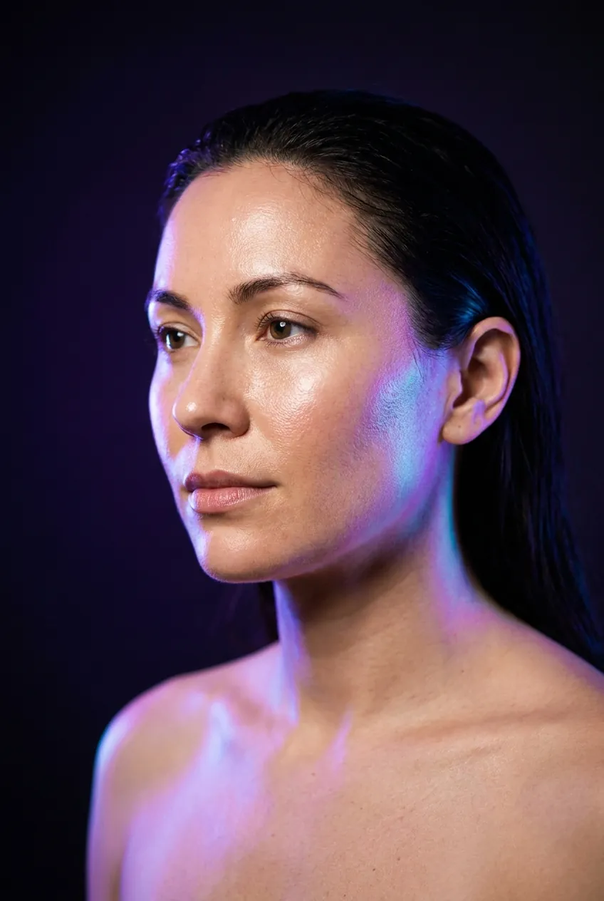 Editorial portrait of a woman lit by violet and cyan studio light. A model, not a Lustra client.