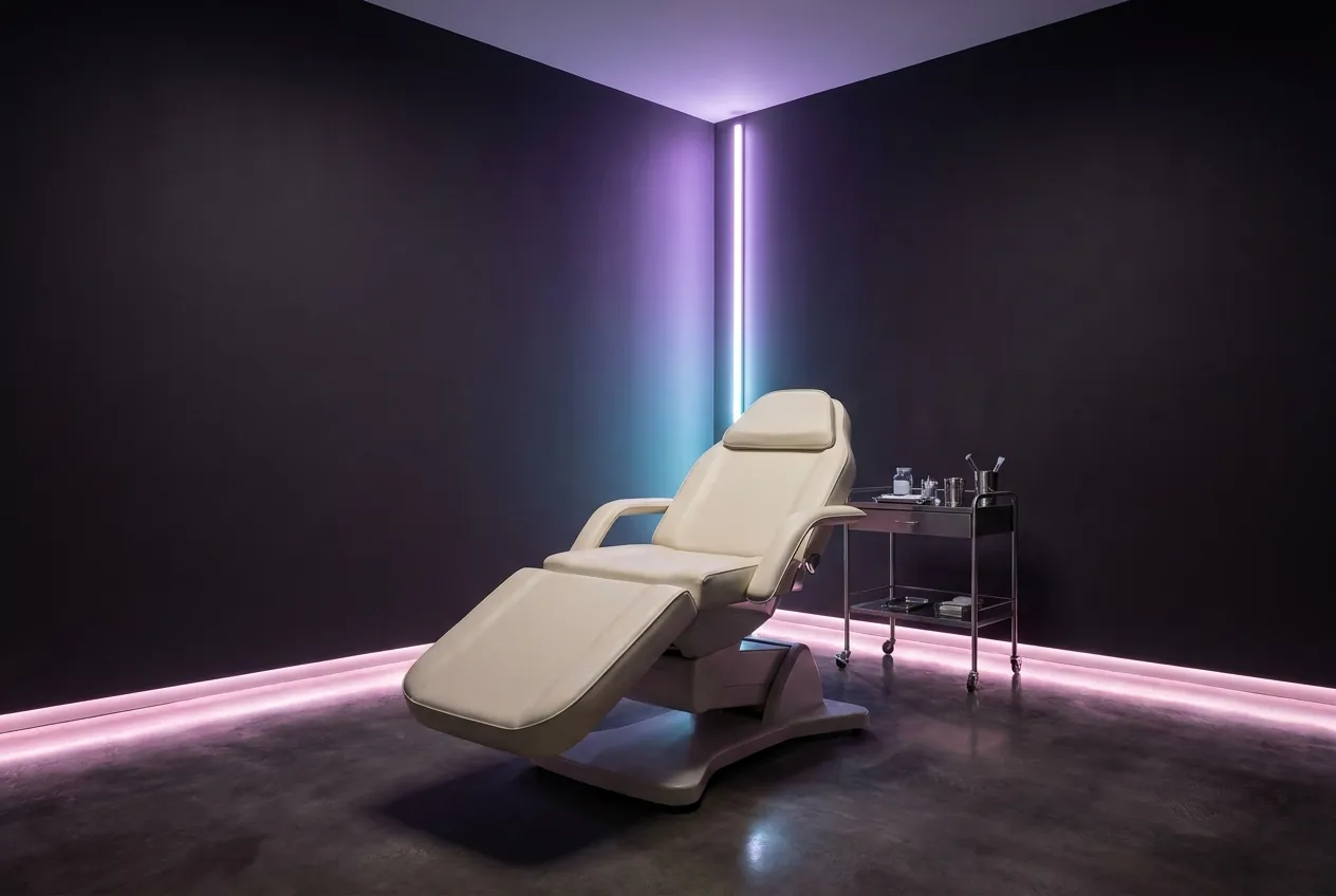 Lustra treatment room at night: an ivory chair under a violet-to-cyan strip of light.