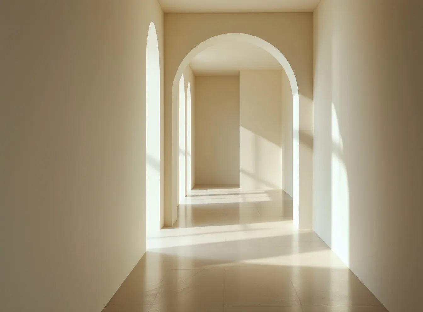 Limewashed alabaster corridor with arched doorways and soft daylight