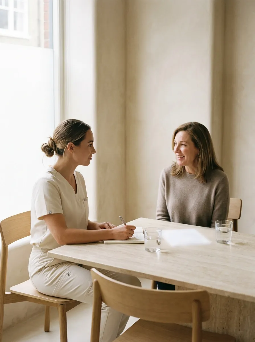 An Aurenne nurse in conversation with a client in the consultation room