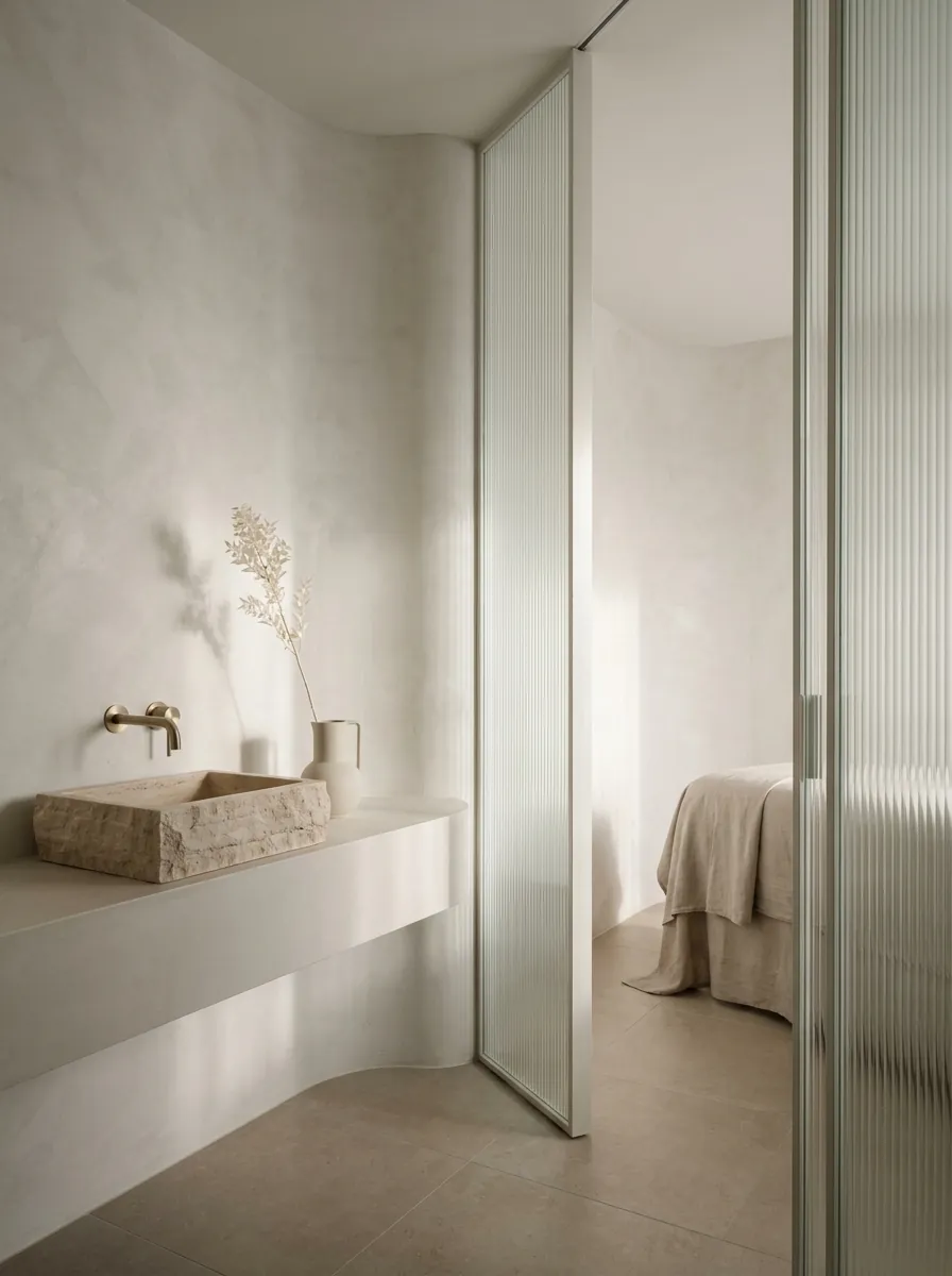 Aurenne treatment suite: alabaster plaster, stone basin and brushed-glass partition in soft daylight