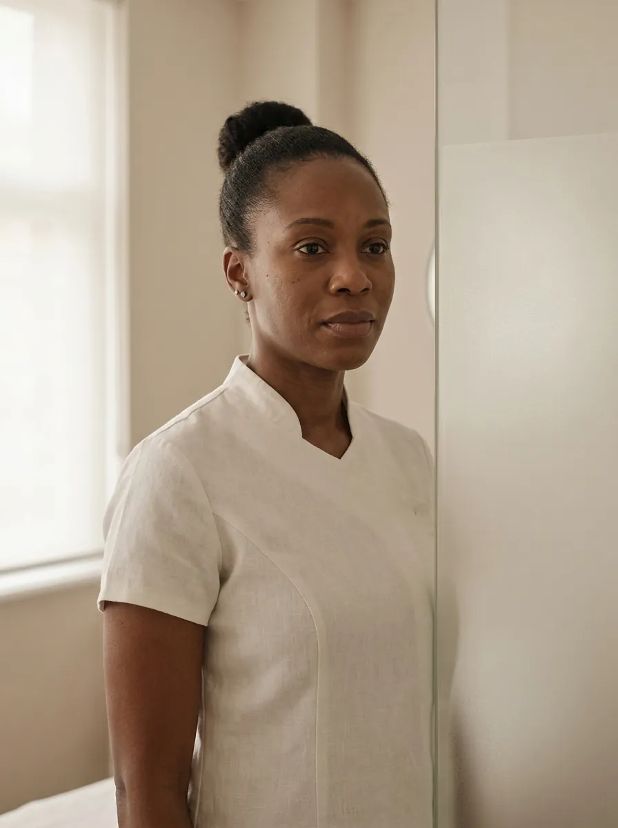 Lead nurse injector Amara Ellison in an Aurenne treatment room