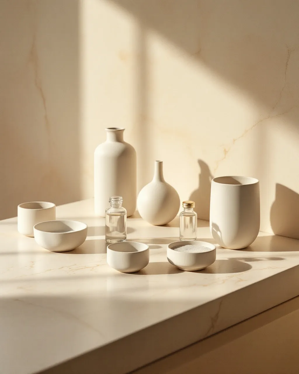 Ceramic vessels and glass vials arranged as a still life on travertine