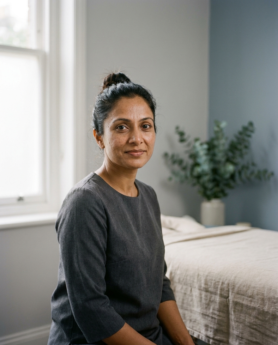 Priya Nand, physiotherapist, in a calm consult room by a window.