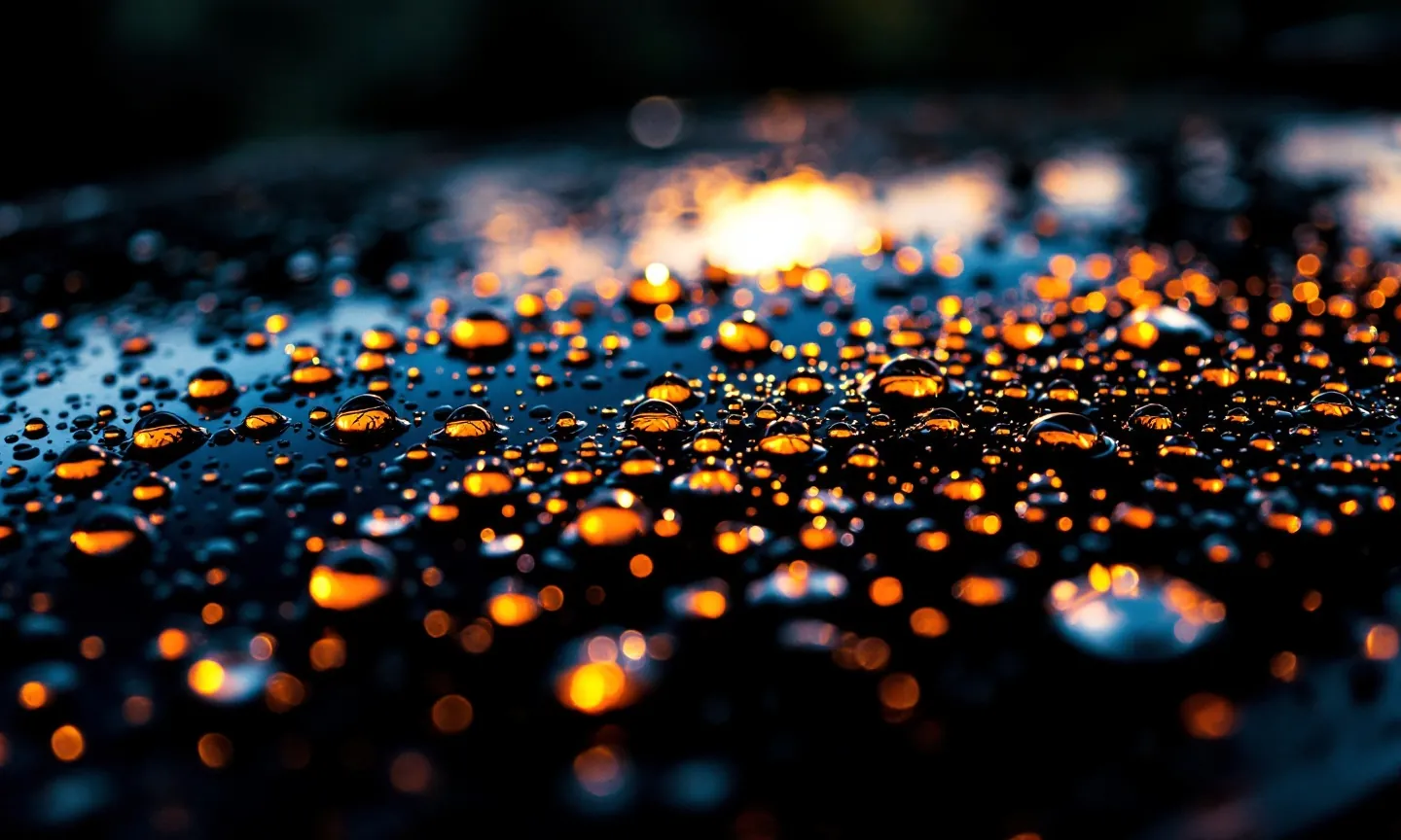 Macro of water beads on dark paint, each holding a point of amber sky