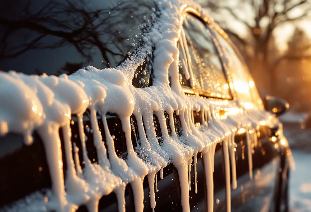 Thick snow foam sliding down glass, lit by the low sun