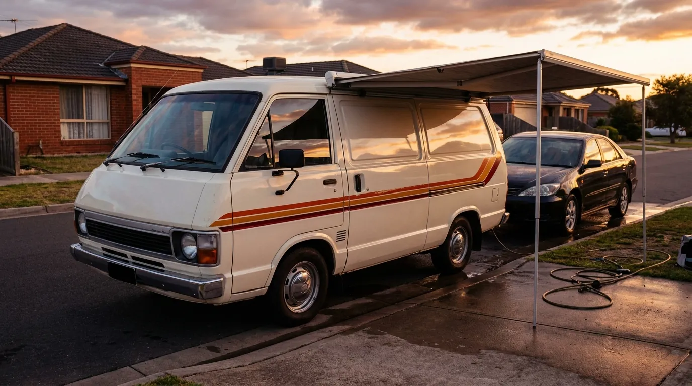 The Sunday Shine stripe-kit van at the kerb at golden hour, awning out