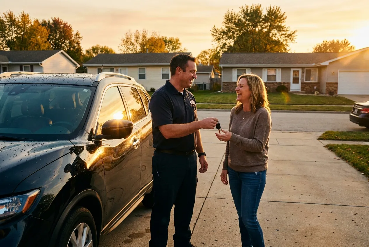 Danny handing the keys back on a customer's driveway at dusk