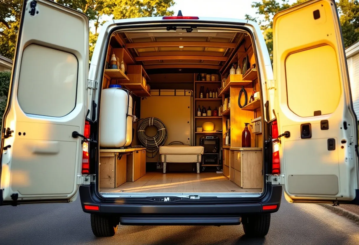 The Sunday Shine van with rear doors open: water tank, shelving and the whole shop inside