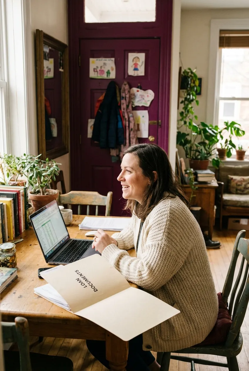 Mara Latchford at a kitchen table with loan papers, a laptop and a pot of coffee.