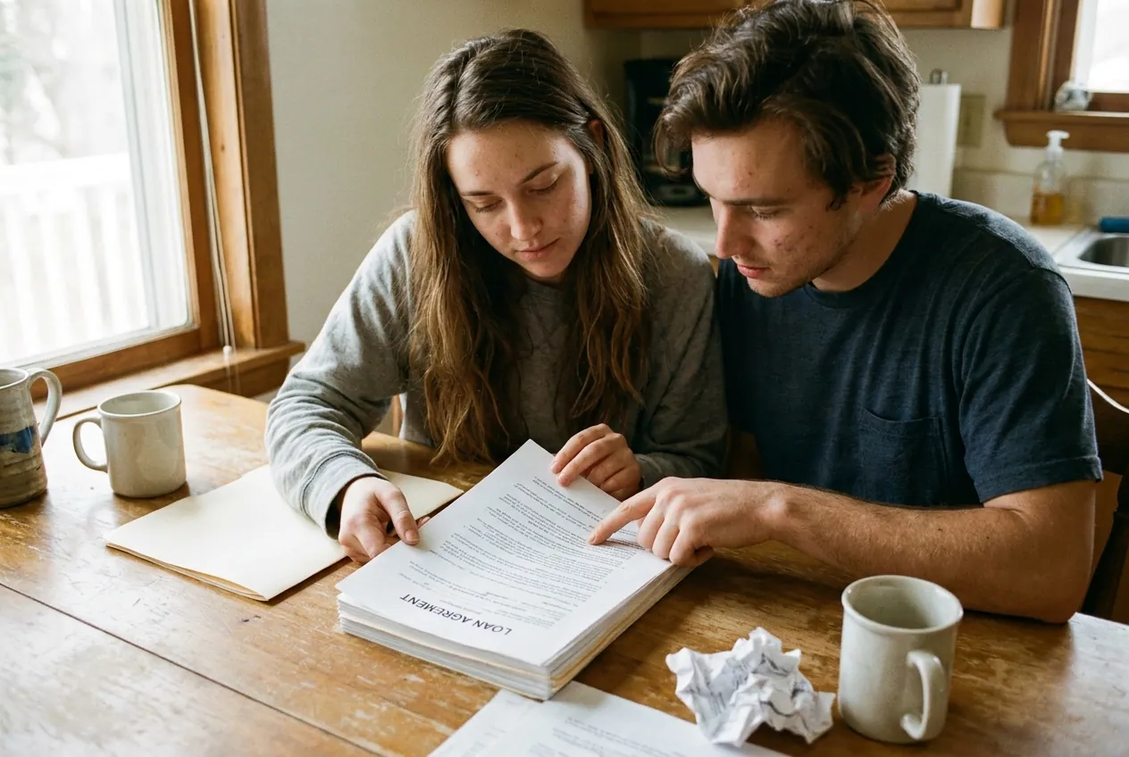 A couple at their kitchen table reading a home loan document together